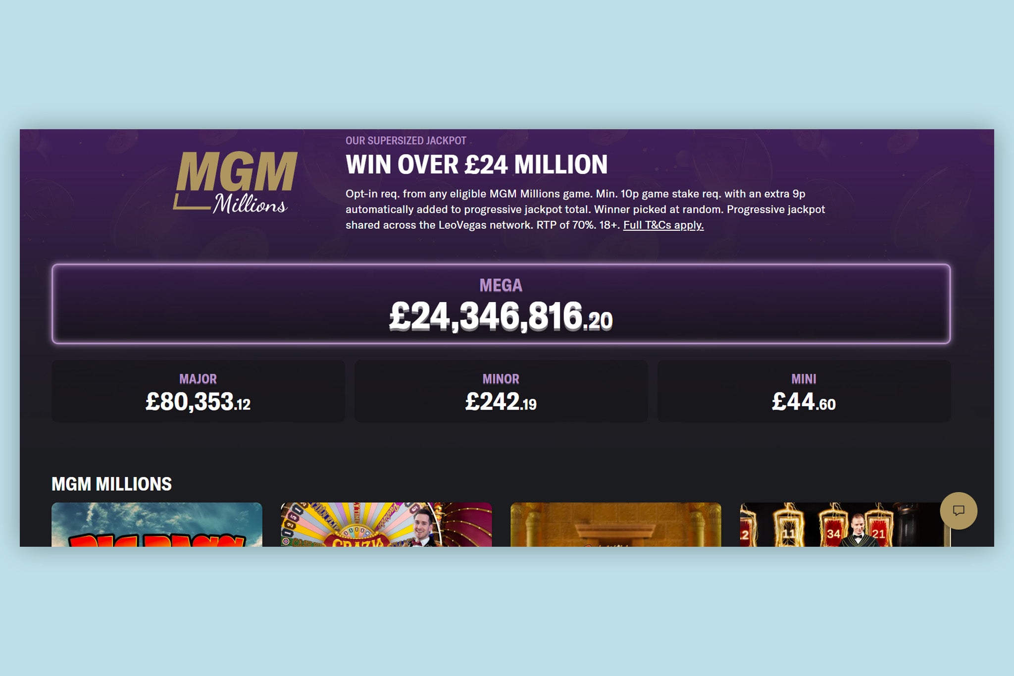 We found the MGM Millions jackpot to be over £20m consistently