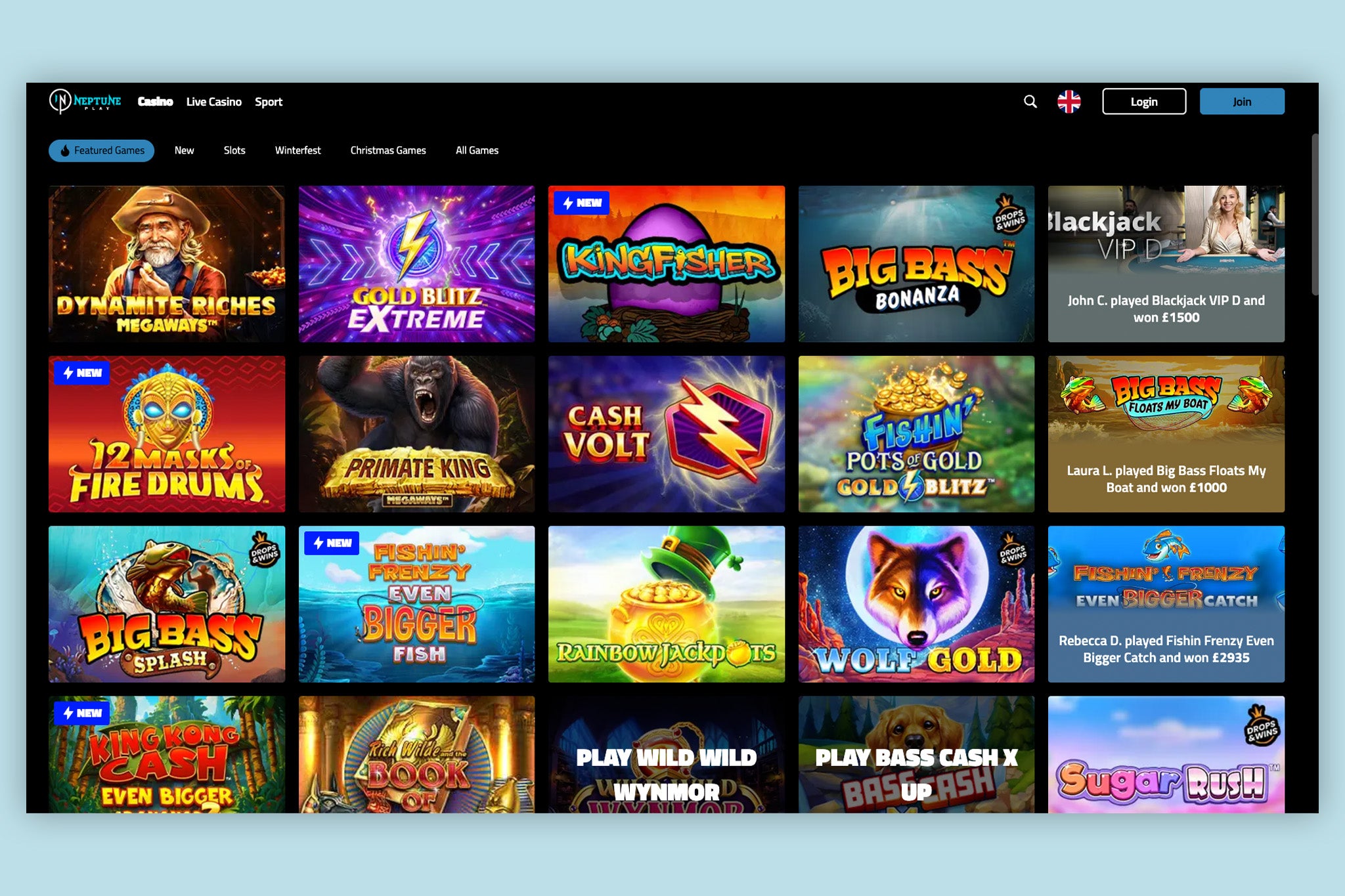 Neptune offers a wide range of casino games for such a new site