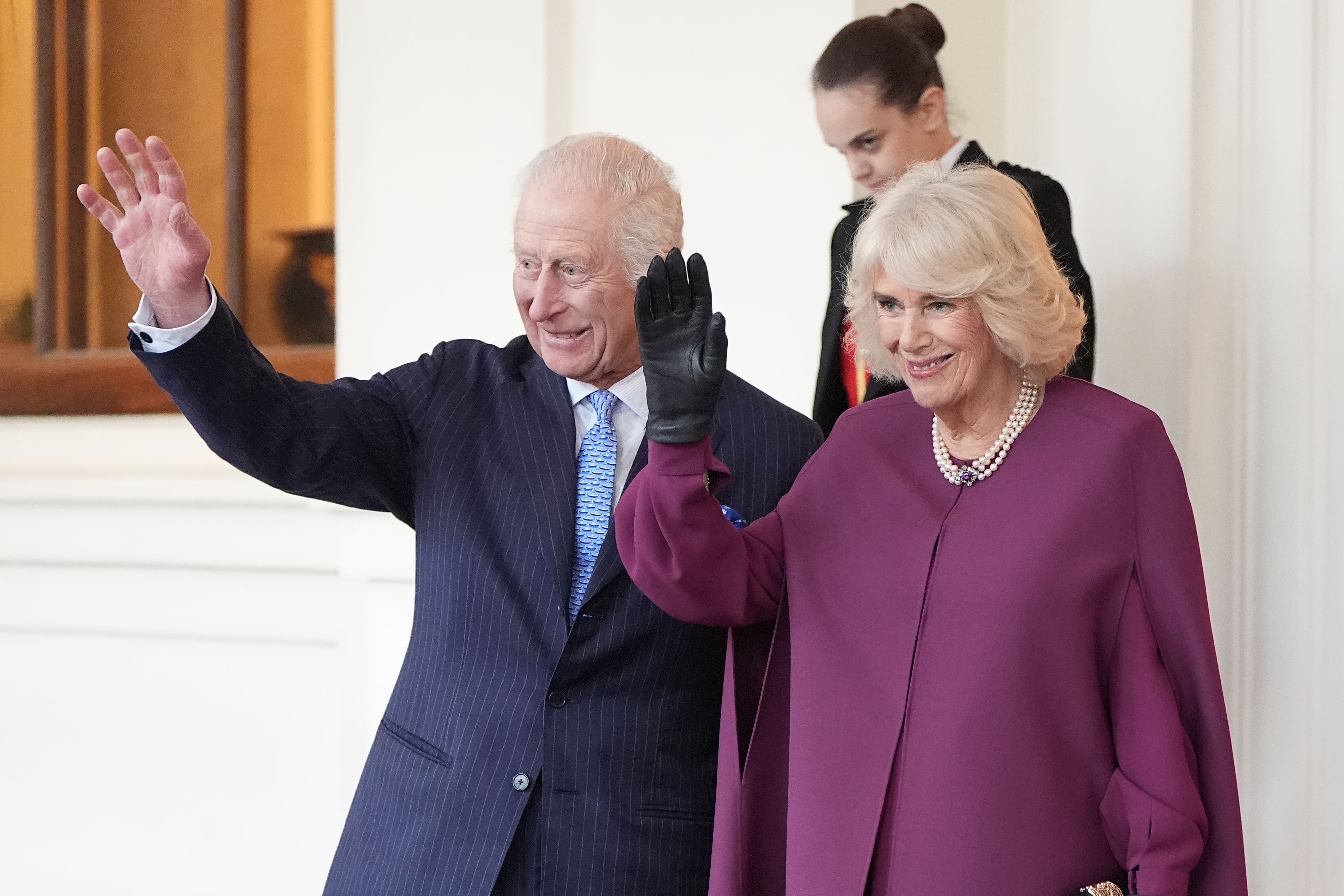 The King and Queen formally bid farewell to the Emir of Qatar Sheikh Tamim bin Hamad Al Thani and his wife Sheikha Jawaher as they leave Buckingham Palace in London on the final day of their state visit to the UK (Aaron Chown/PA)