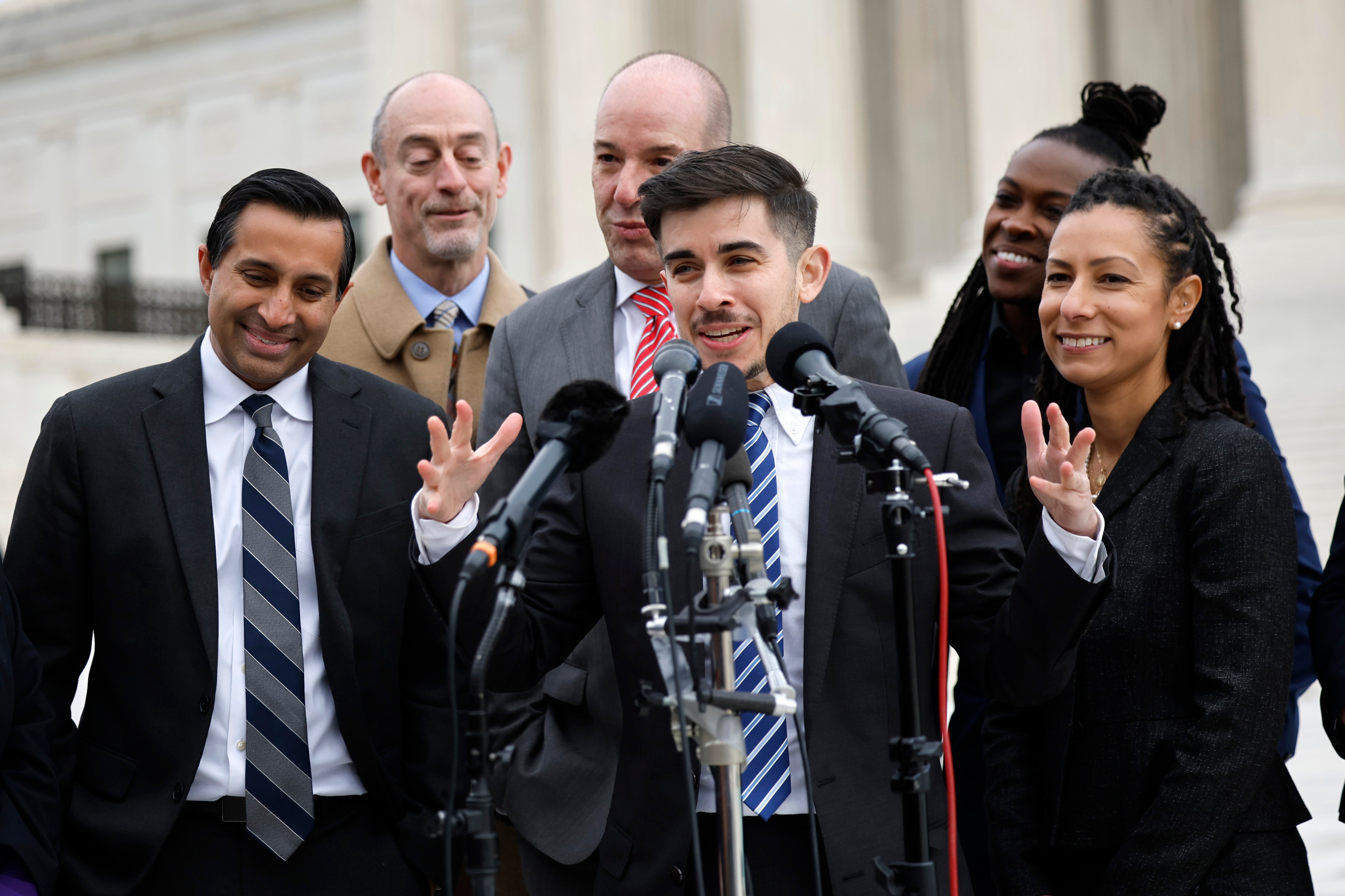 ACLU attorney Chase Strangio speaks outside the Supreme Court after oral arguments in a major case on gender-affirming care for trans youth on December 4