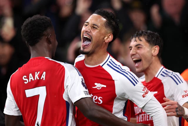 <p>William Saliba celebrates after scoring the second goal for the Gunners </p>