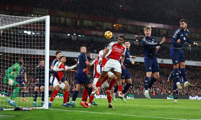 <p>Jurrien Timber scores Arsenal’s breakthrough from a corner against Manchester United </p>