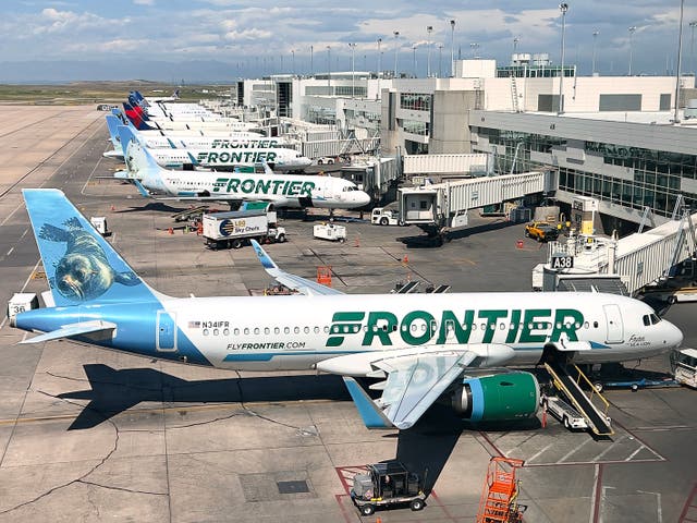 <p>Frontier Airlines planes parked at Denver   International Airport</p>