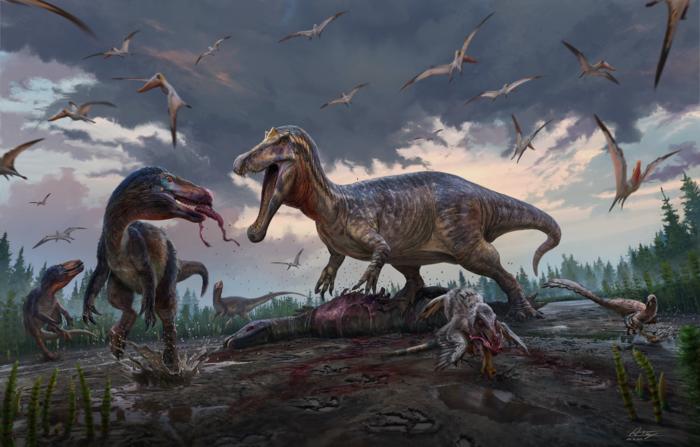 An Early Cretaceous floodplain in southeastern England is shown in this illustration. A spinosaur, right, takes over the carcass of an ornithopod, as tyrannosaurs look on. Some 135 million years later, paleontologists have discovered their teeth in the area