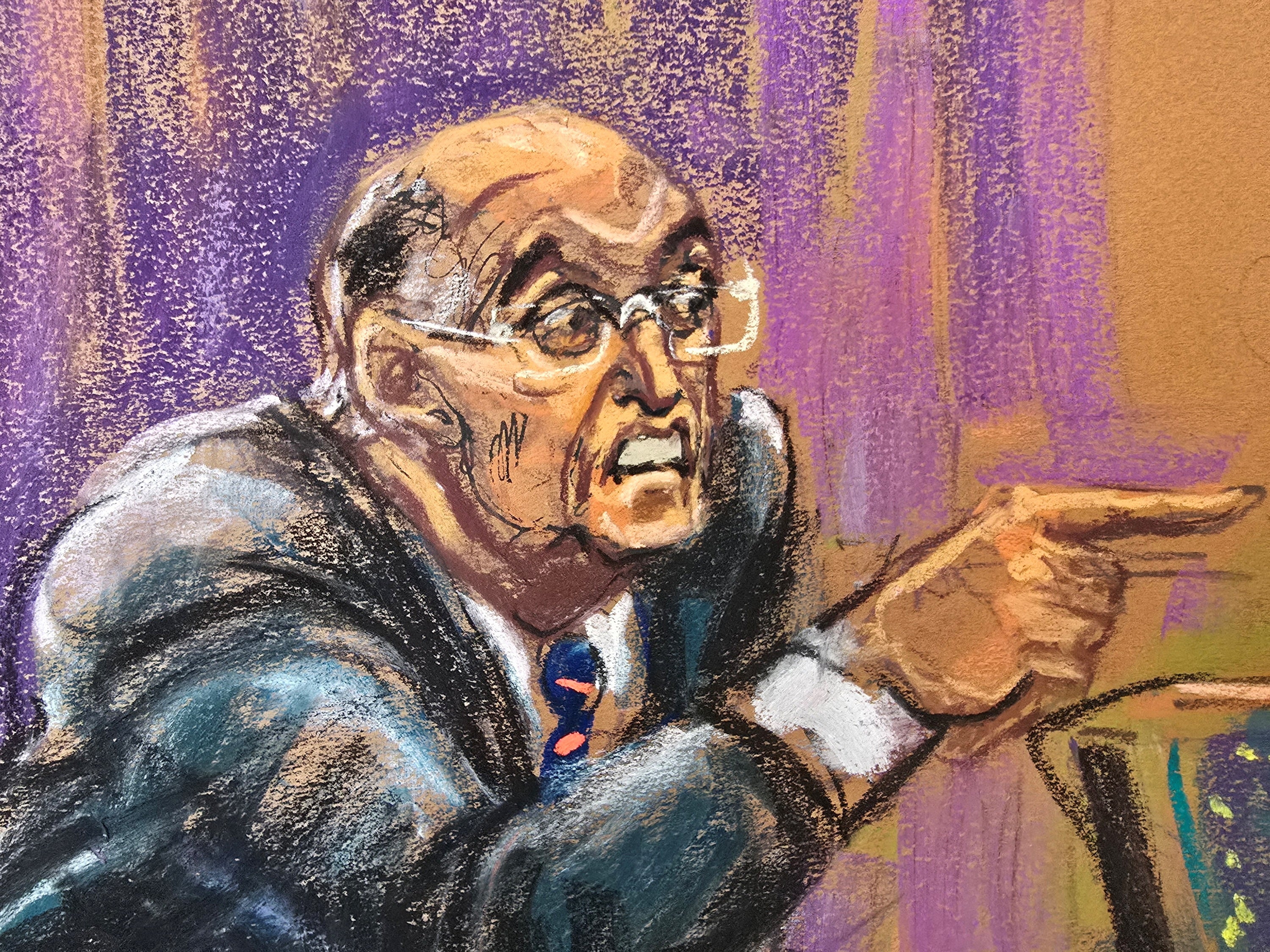 A court sketch depicts Rudy Giuliani lashing out in a federal courtroom in Manhattan on November 26