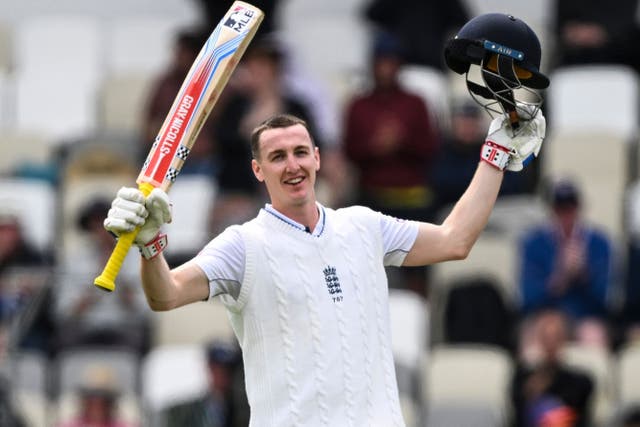 England’s Harry Brook celebrates after scoring a century during play on day one of the second cricket test between New Zealand and England at the Basin Reserve in Wellington (Andrew Cornaga/Photosport via AP)