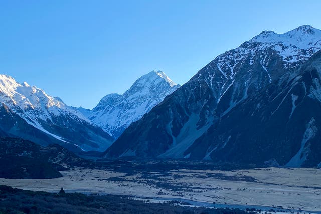 <p>New Zealand’s highest peak, Aoraki, centre, is seen in the Aoraki/Mount Cook National Park, on 17 August 2020</p>