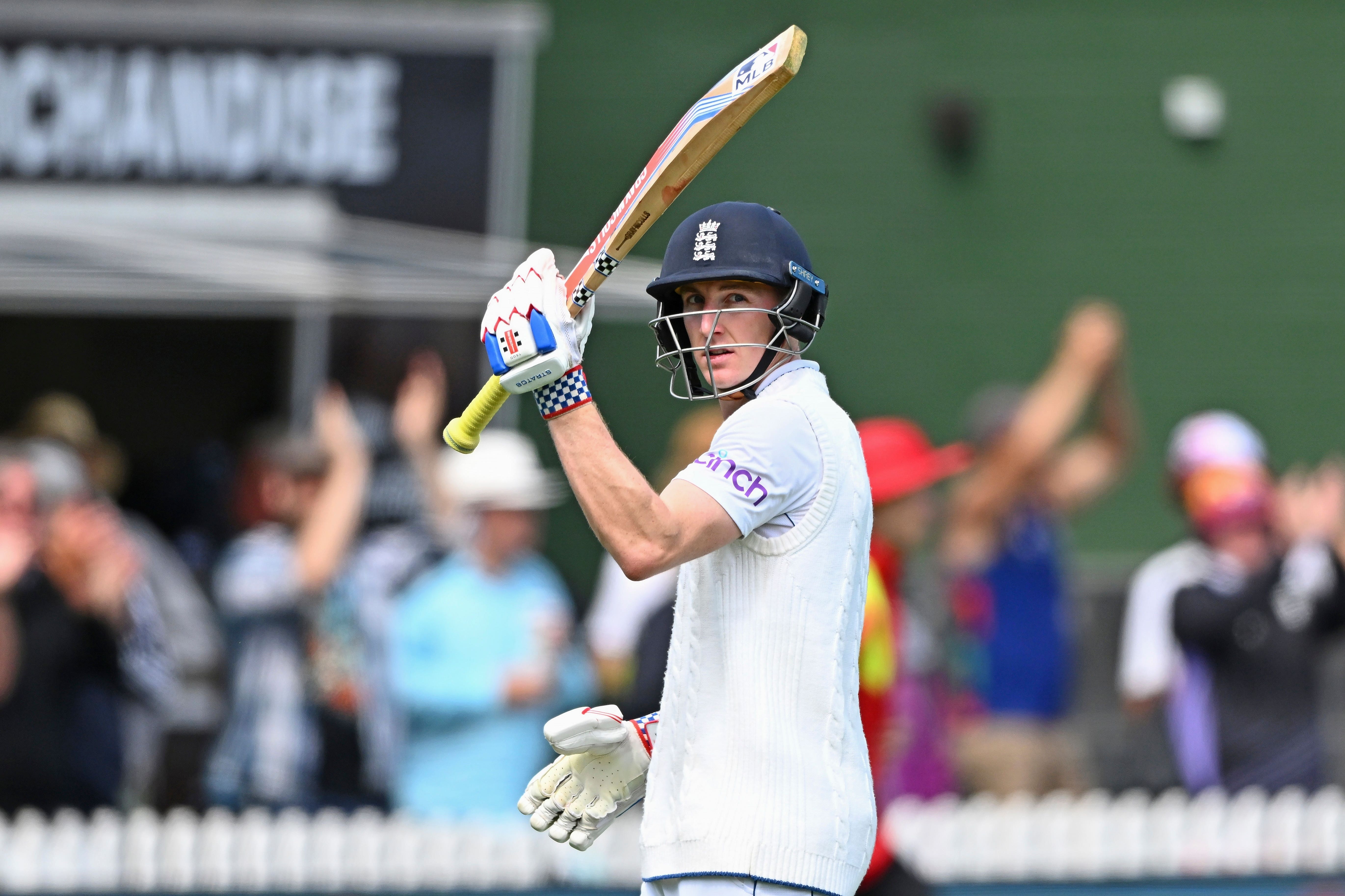 Harry Brook gestures to the crowd as he leaves the field (Kerry Marshall/AP)