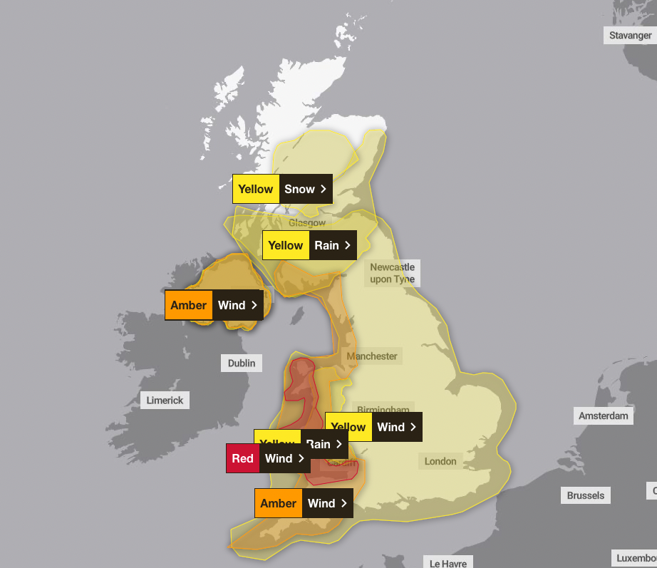 A rare red weather warning has been issued for parts of Wales and south England