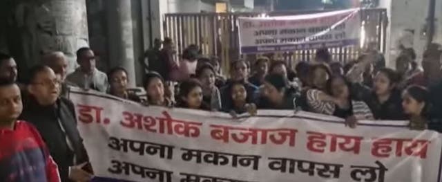 <p>Hindu residents of a posh neighbourhood protest against a Muslim family’s purchase of house in Moradabad city in northern India </p>