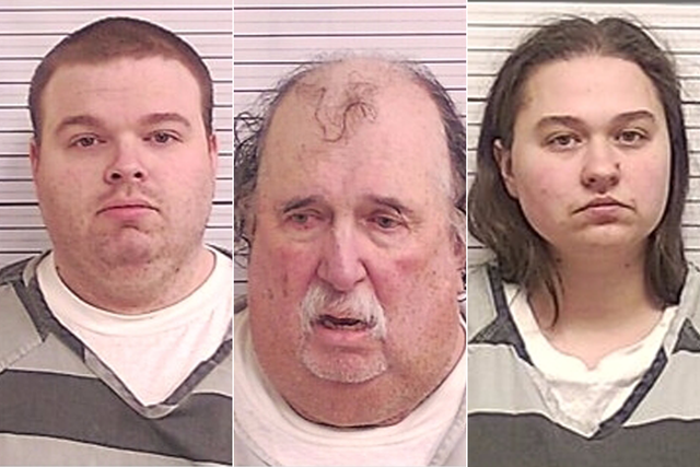 <p>The parents of two young boys, John Merrill, 31, (left), Kathy Merrill, 27, (right) and their grandfather (center) have been arrested for child neglect in Florida </p>