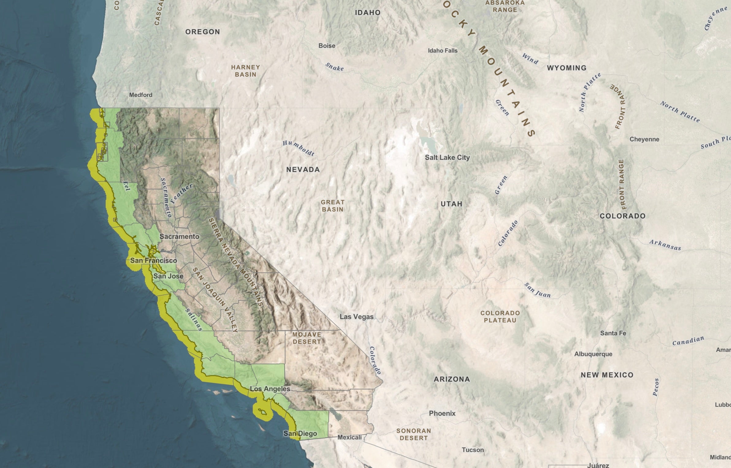 A map shows California’s tsunami hazard area, which is highlighted in yellow. Tsunamis are among the most infrequent of Earth’s natural hazards but preparedness remains critical