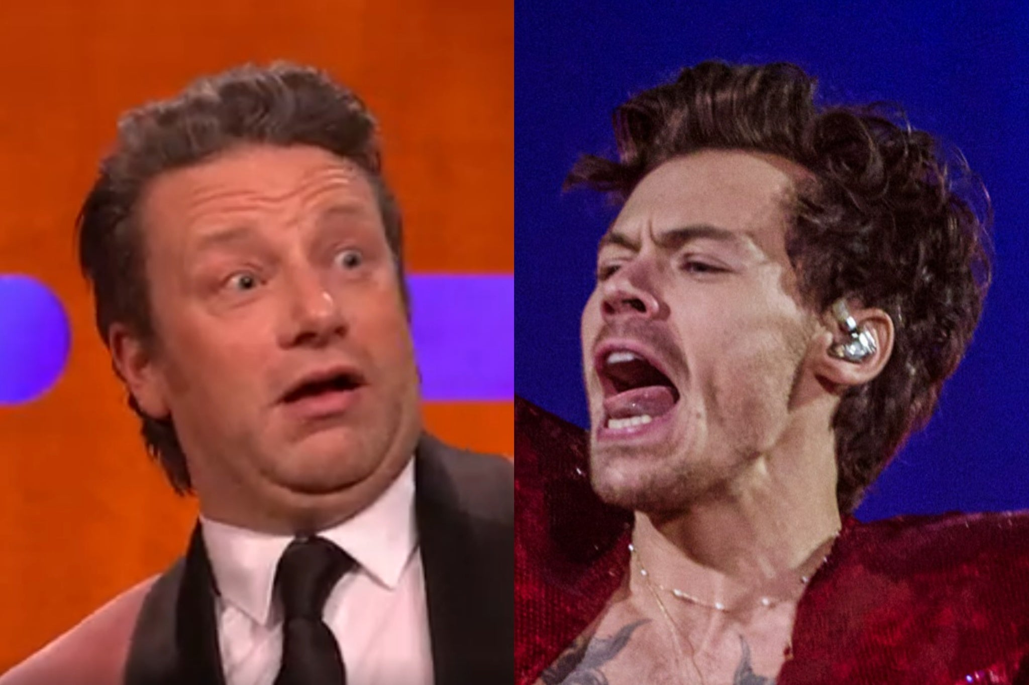 Jamie Oliver air 'The Graham Norton Show' (clì) agus an seinneadair Harry Styles (deas)