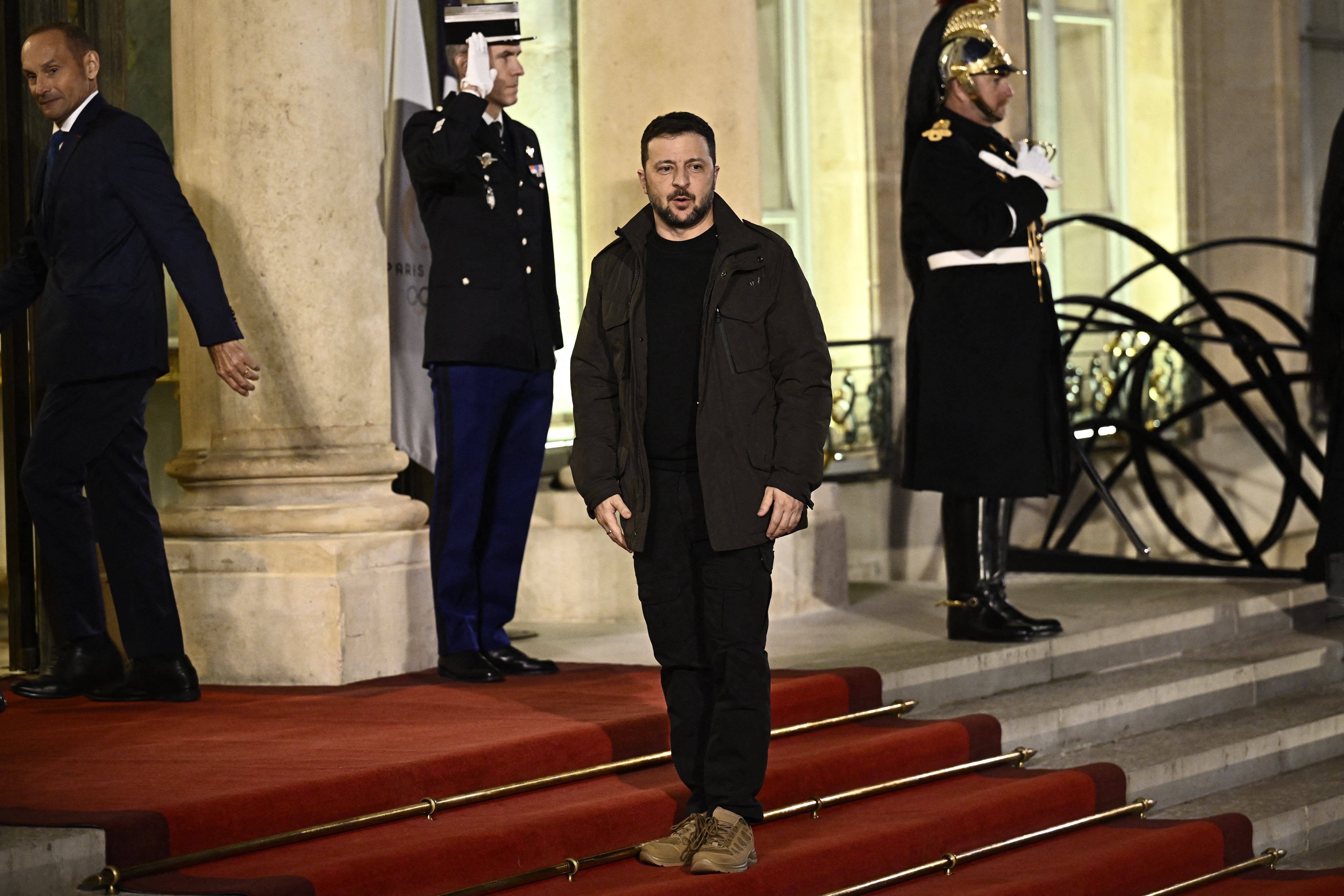 Ukrainian President Volodymyr Zelensky arrives at Paris’s Elysee Presidential Palace to meet with President-elect Donald Trump and French President Emmanuel Macron