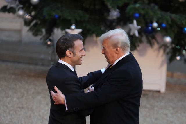 <p>French President Emmanuel Macron, left, welcomes President-elect Donald Trump</p>