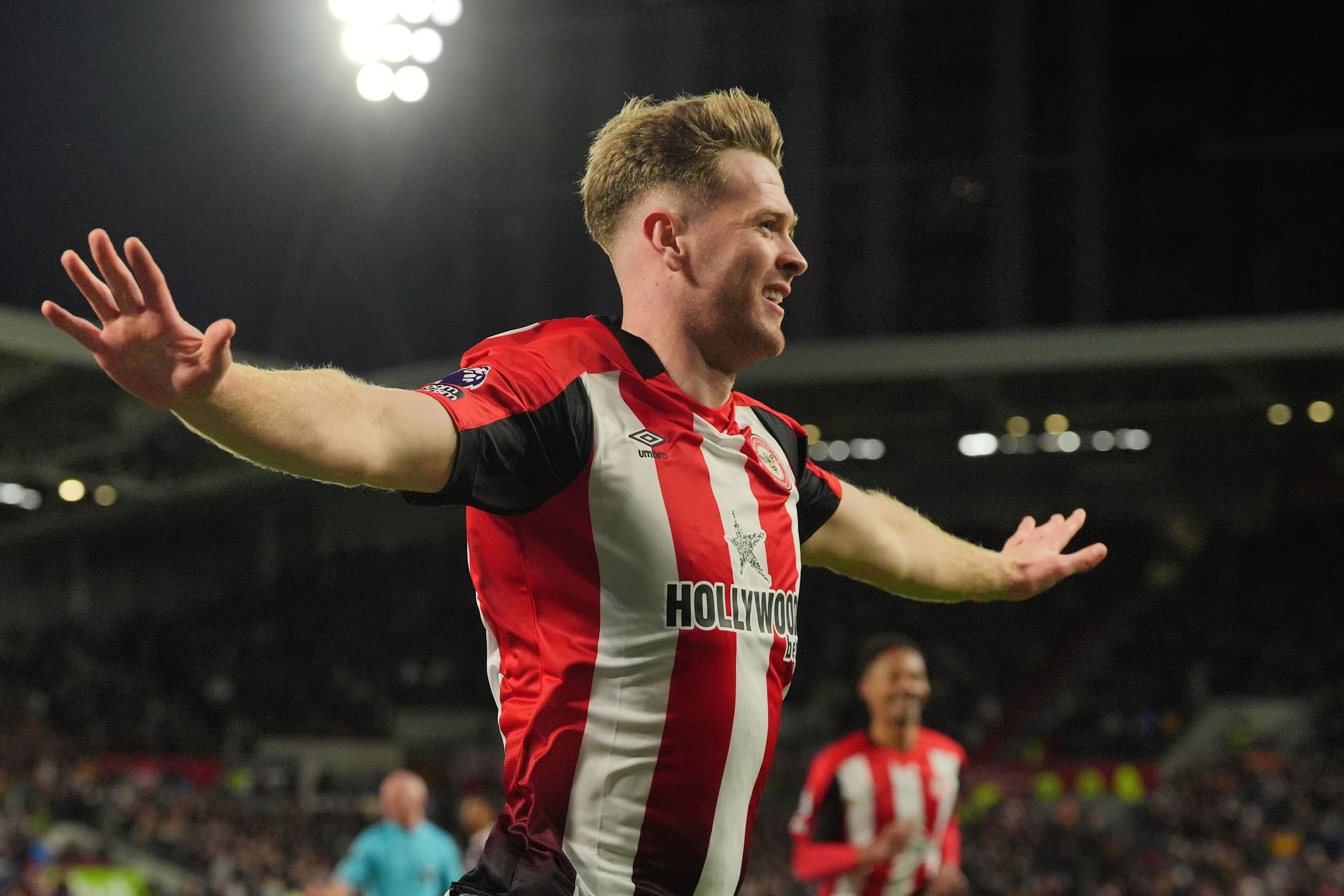 Nathan Collins celebrates scoring Brentford’s third goal (Jonathan Brady/PA)