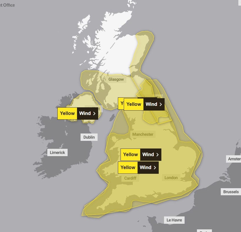 Yellow weather warnings are in place for wind across the UK on Sunday