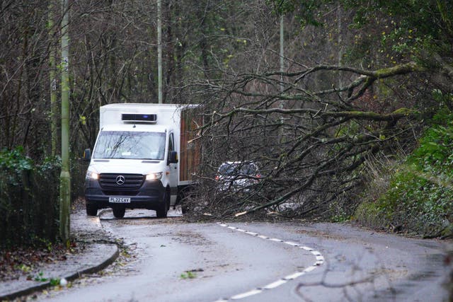 A fallen tree blocks a road (Ben Birchall/PA)