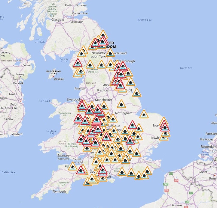 Flood warnings are in yellow, flood alerts, where flooding is possible, are in amber