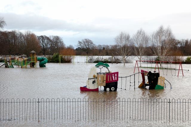 <p>A flooded playground after Storm Darragh hit Hereford</p>