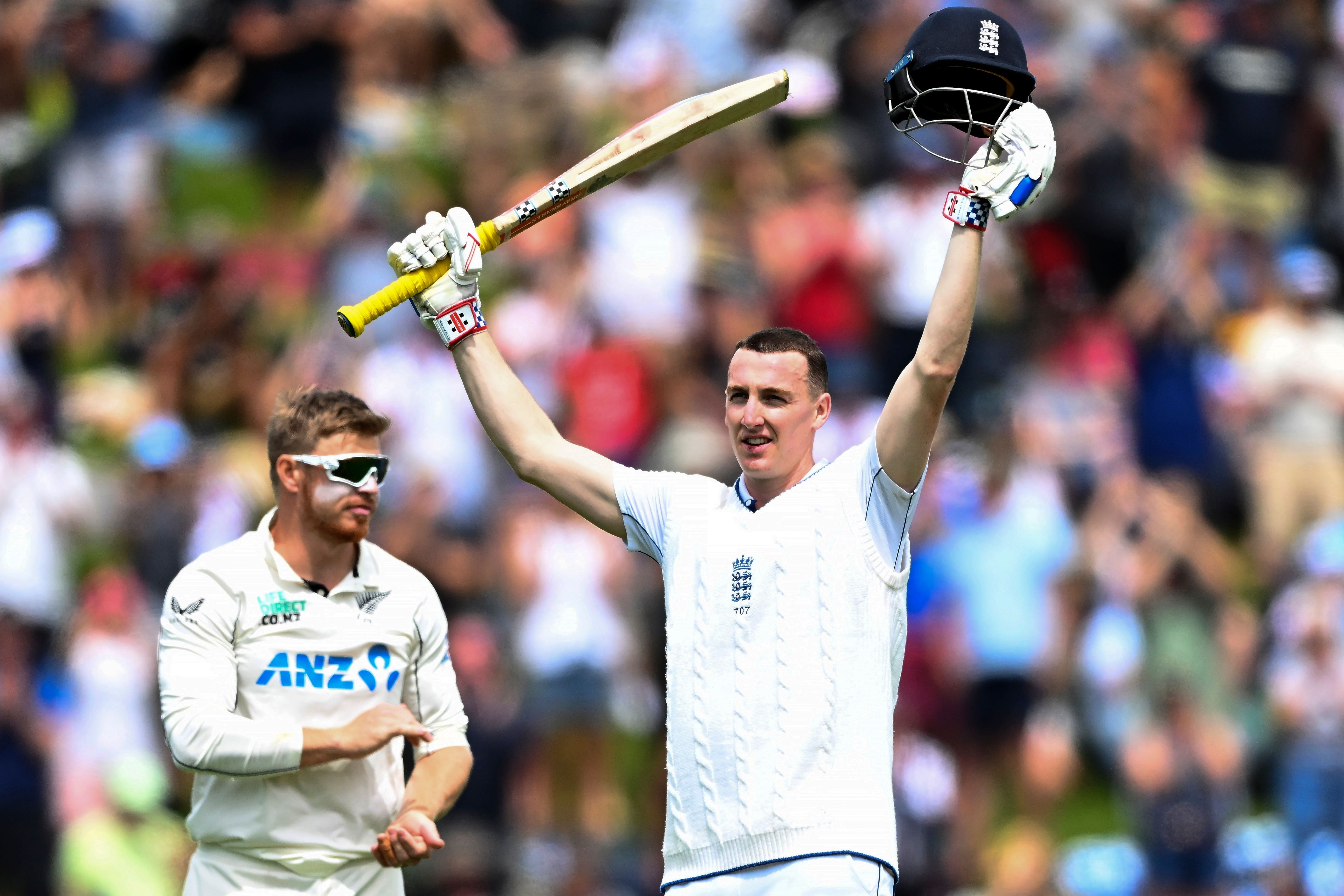 England’s Harry Brook celebrates his century against New Zealand (Kerry Marshall/AP)