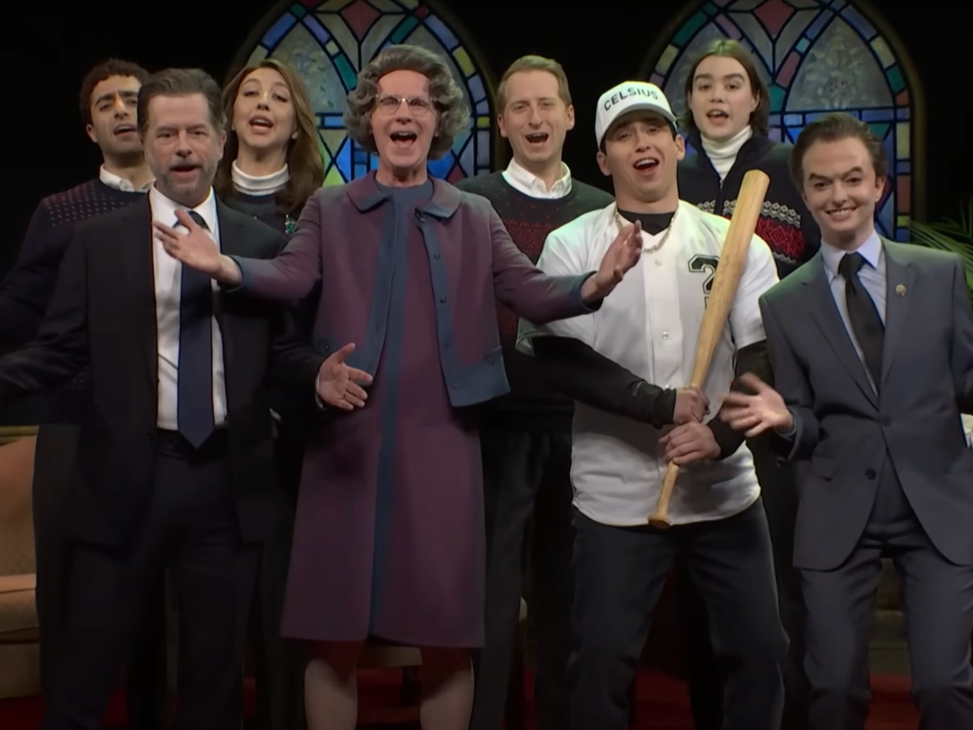 Church Lady (Dana Carvey) appears alongside Matt Gaetz (Sarah Sherman), Hunter Biden (David Spade) in the December 7 Saturday Night Live cold open sketch