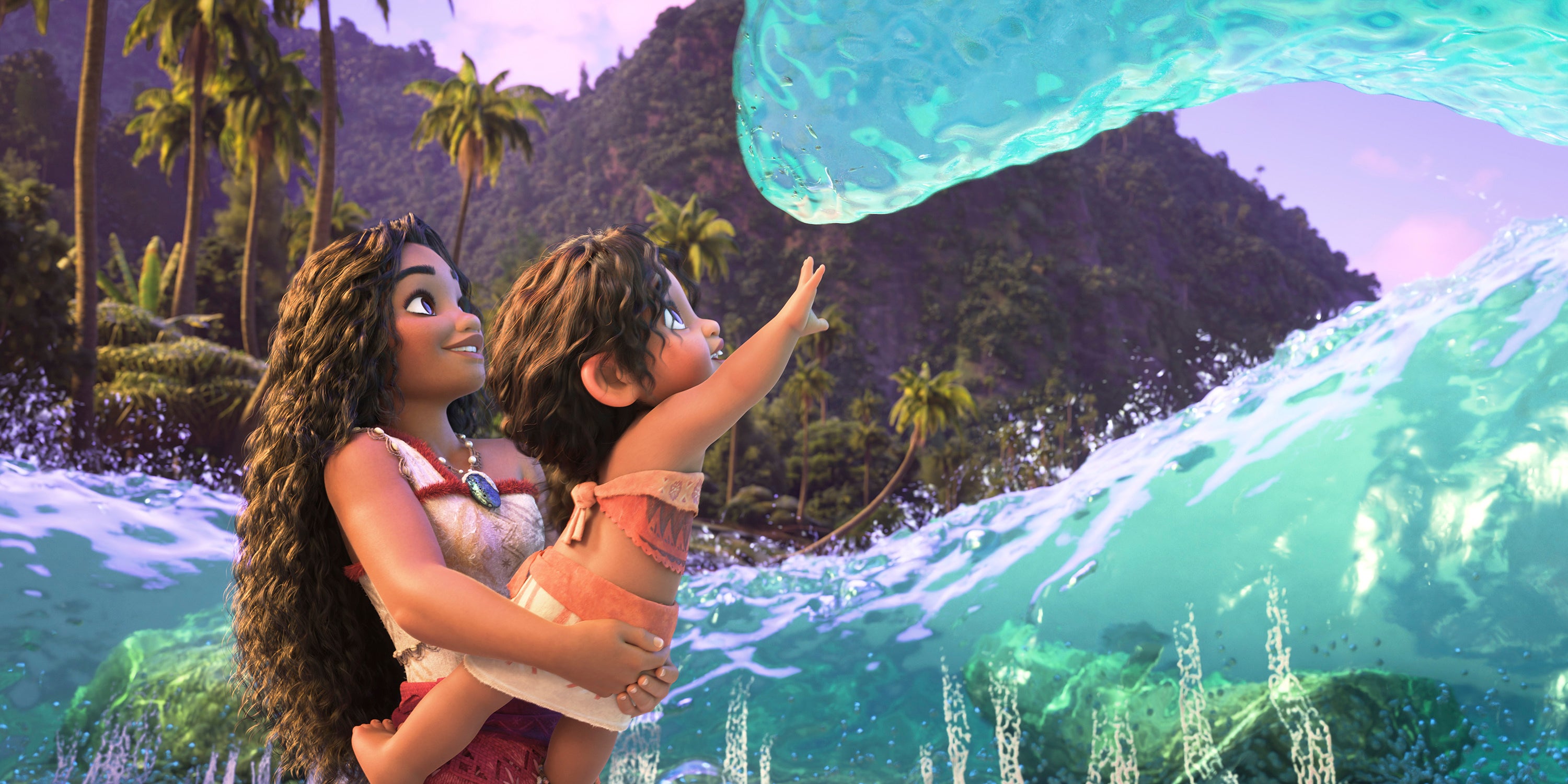 Moana holding Simea, voiced by Khaleesi Lambert-Tsuda, in a scene from Moana 2