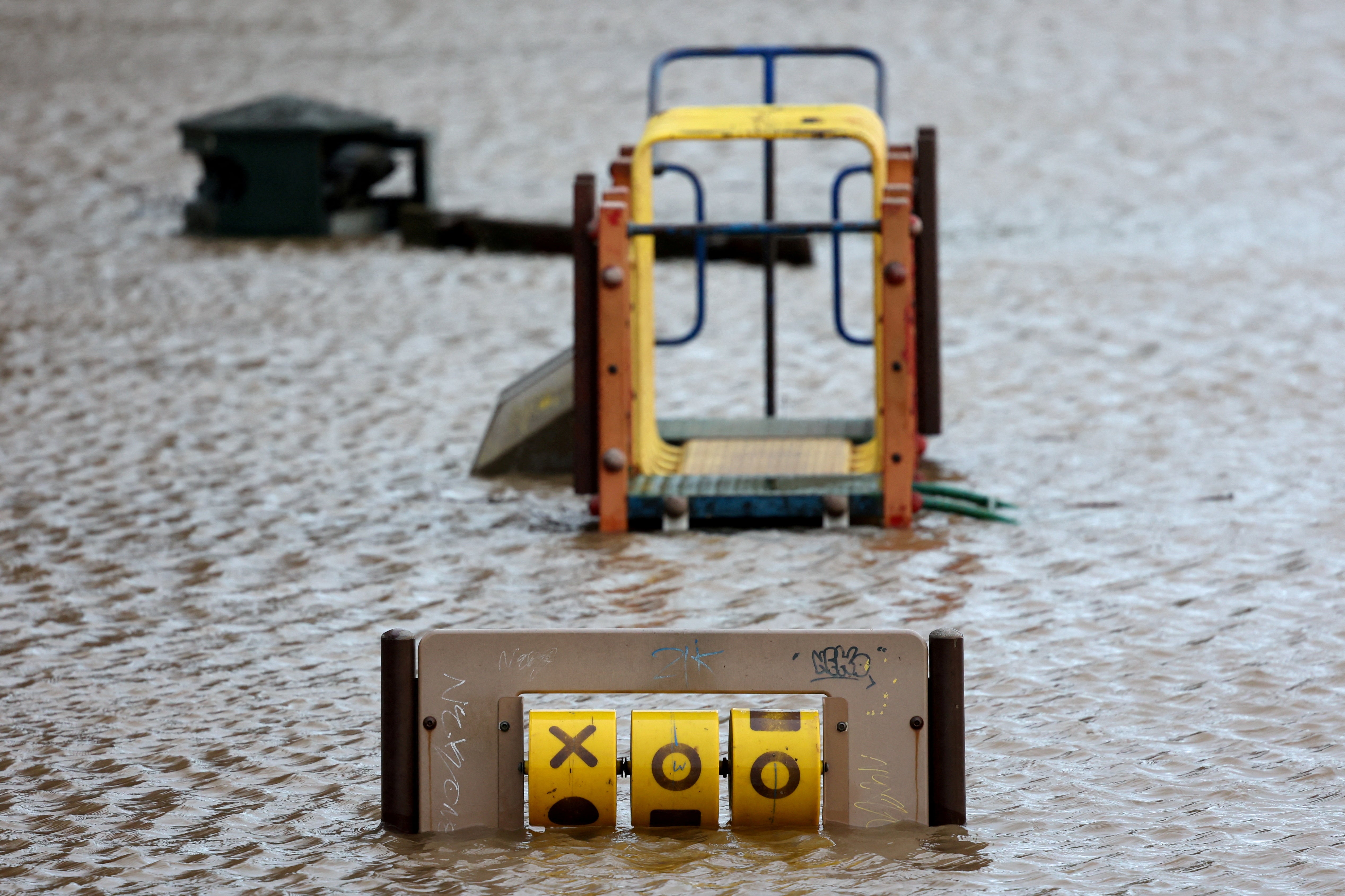 A playground is flooded after Storm Darragh hit the country, in Hereford, Britain