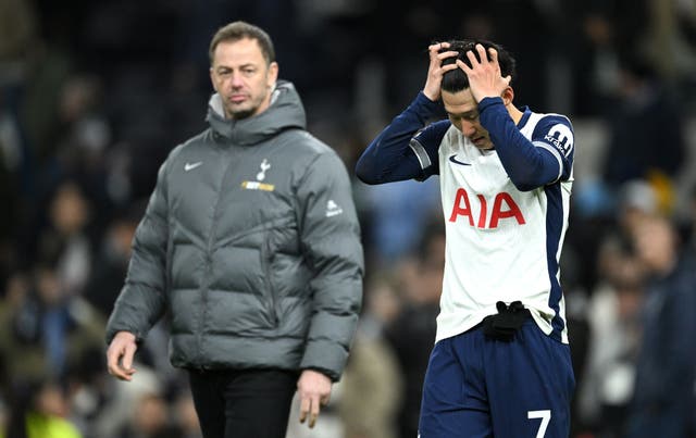 <p>Son Heung-min reacts at full-time after Tottenham lost at home</p>