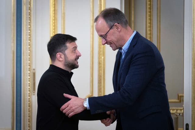 <p>Ukrainian President Volodymyr Zelenskyy, left, and the Chairman of the German Christian Democratic Party (CDU) Friedrich Merz shake hands during their meeting in Kyiv, Ukraine</p>