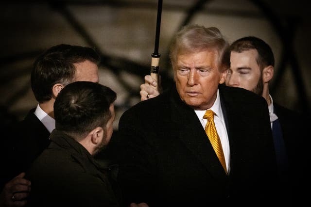 <p>France s President Emmanuel Macron, US president-elect Donald Trump and Ukraine s President Volodymyr Zelensky after a meeting at The Elysee Palace in Paris, France on december 7, 2024</p>