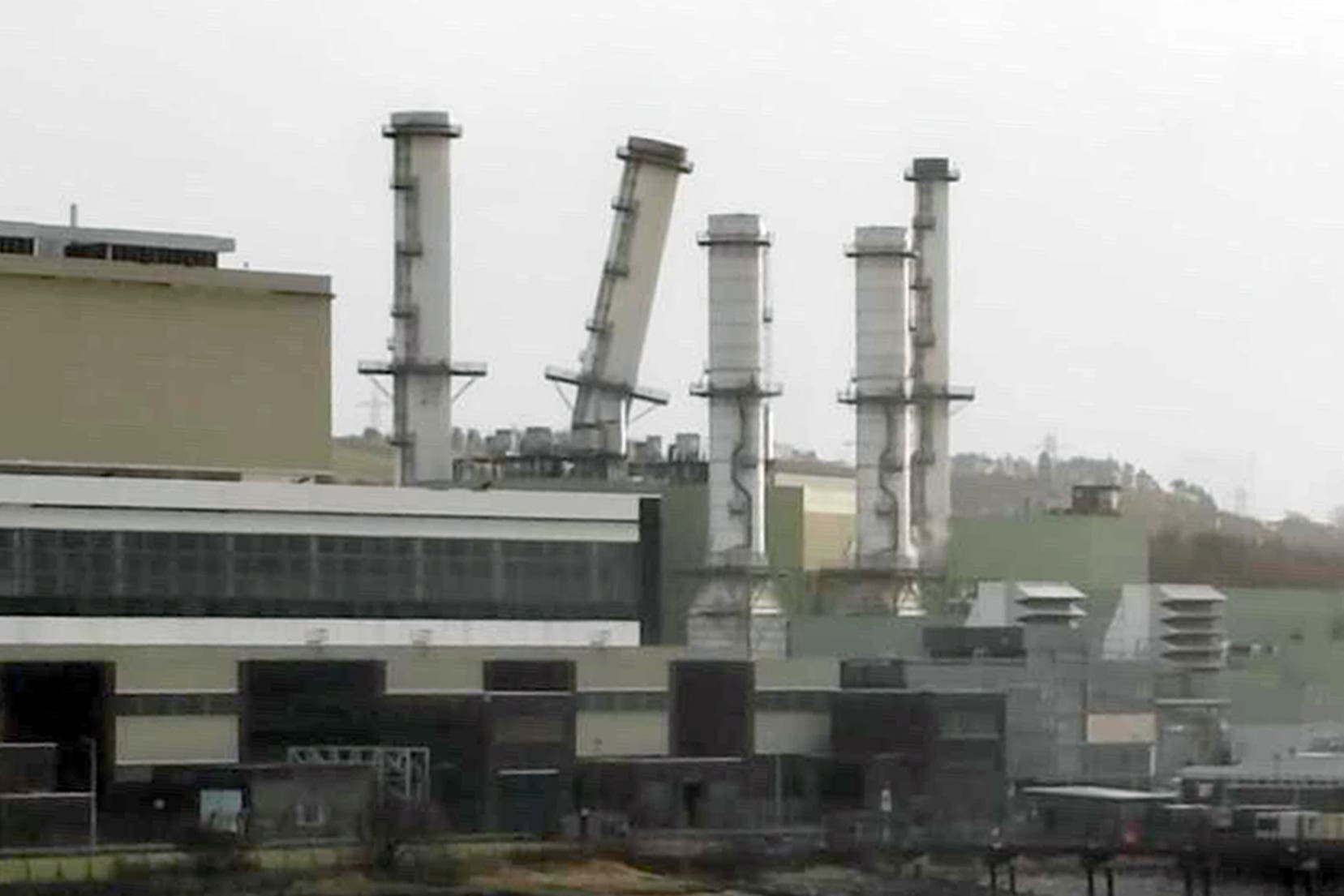 Damage caused to a chimney at a power station near Larne (Jamie Brennan/PA)