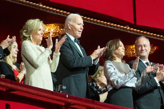 <p>President Joe Biden claps at the start of the Kennedy Center Honors Gala with First Lady Jill Biden, left, Vice President Kamala Harris, center right, and Second Gentleman Doug Emhoff, right, Sunday, Dec. 8, 2024, in Washington. (AP Photo/Kevin Wolf)</p>