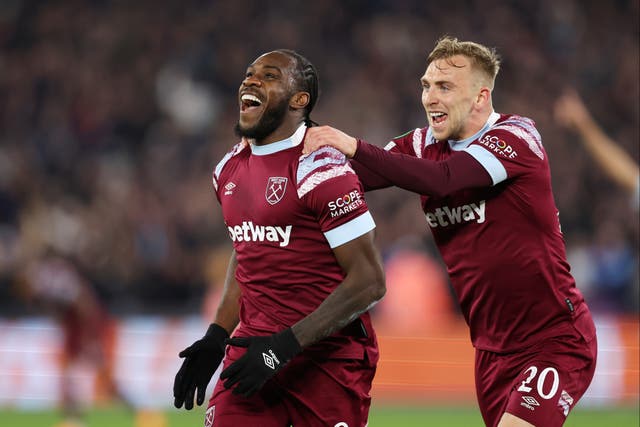 <p>Jarrod Bowen (right) has said that everyone at West Ham is behind Michail Antonio (left) </p>