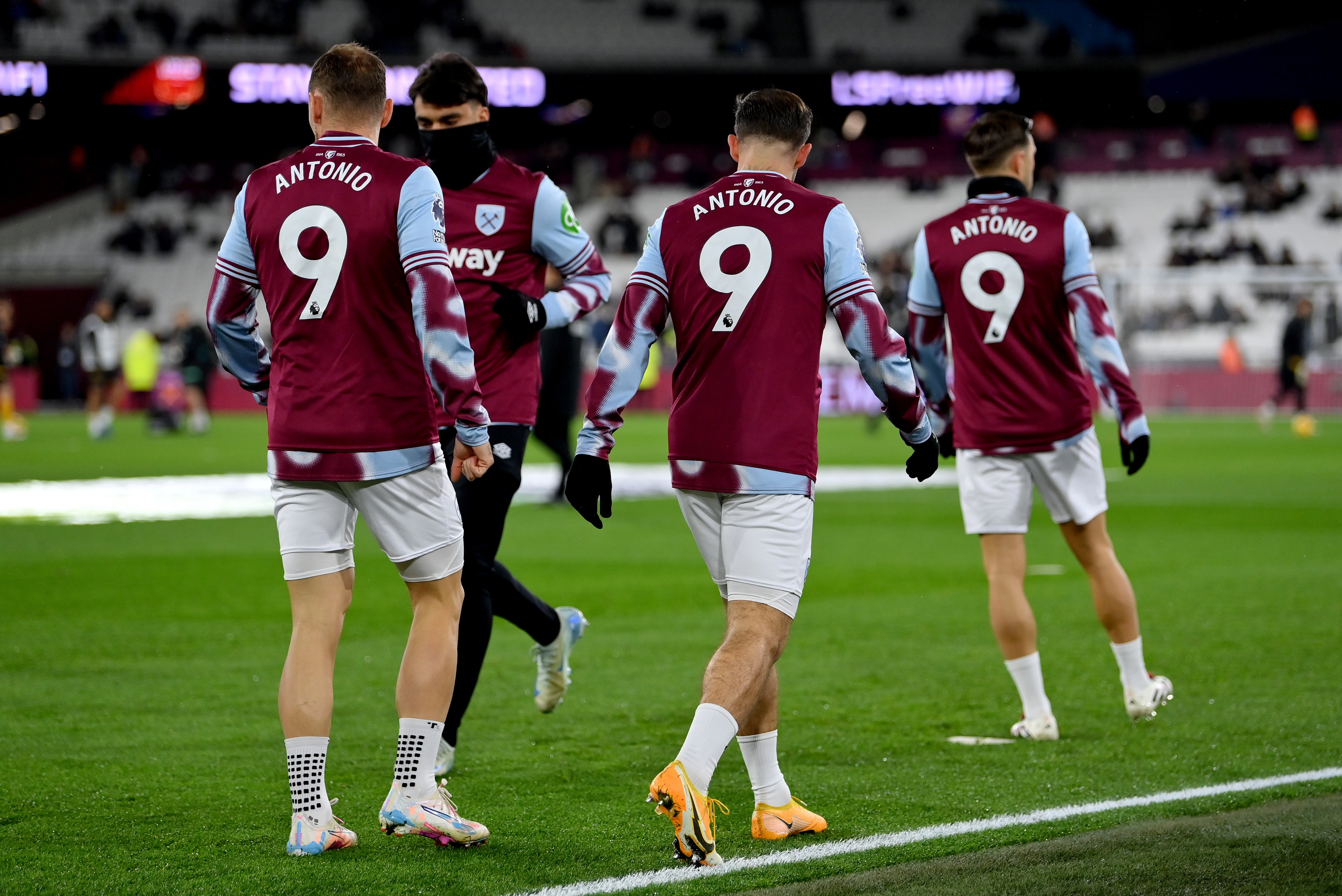 West Ham’s players warmed up in shirts bearing their absent teammate’s name ahead of the clash with Wolves