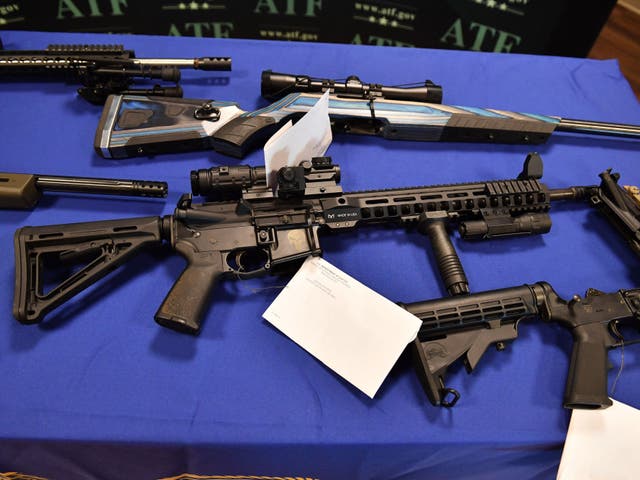 <p>‘Ghost guns’ seized by law enforcement officers displayed in Glendale, California in April 2022</p>