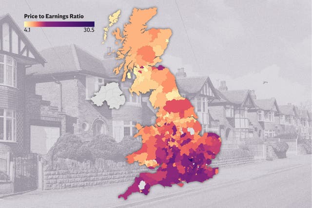 <p>Map shows average house prices and yearly salaries in each local authority district across the country</p>