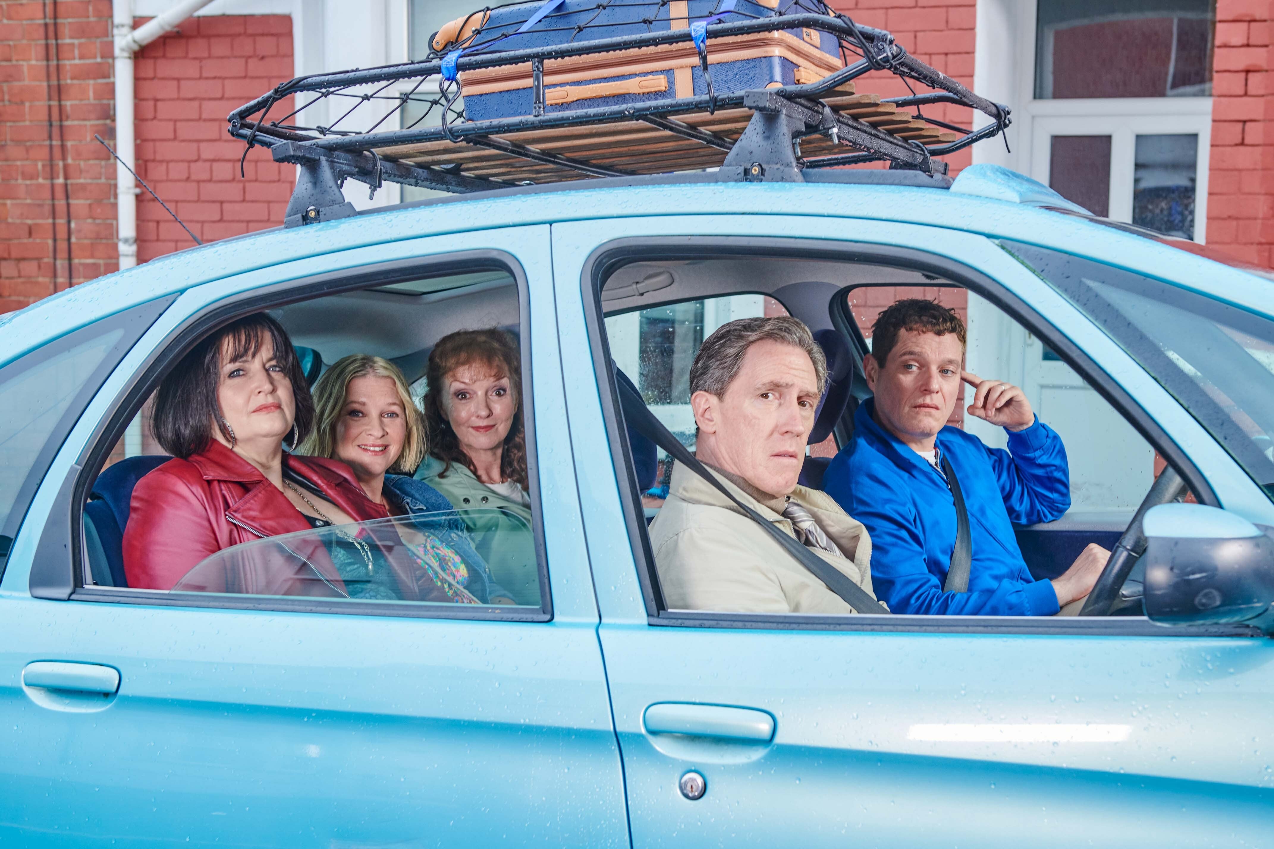 Ruth Jones as Nessa, Joanna Page as Stacey, Melanie Walters as Gwen, Rob Brydon as Bryn, and Matthew Horne as Gavin, in ‘Gavin and Stacey: The Finale’