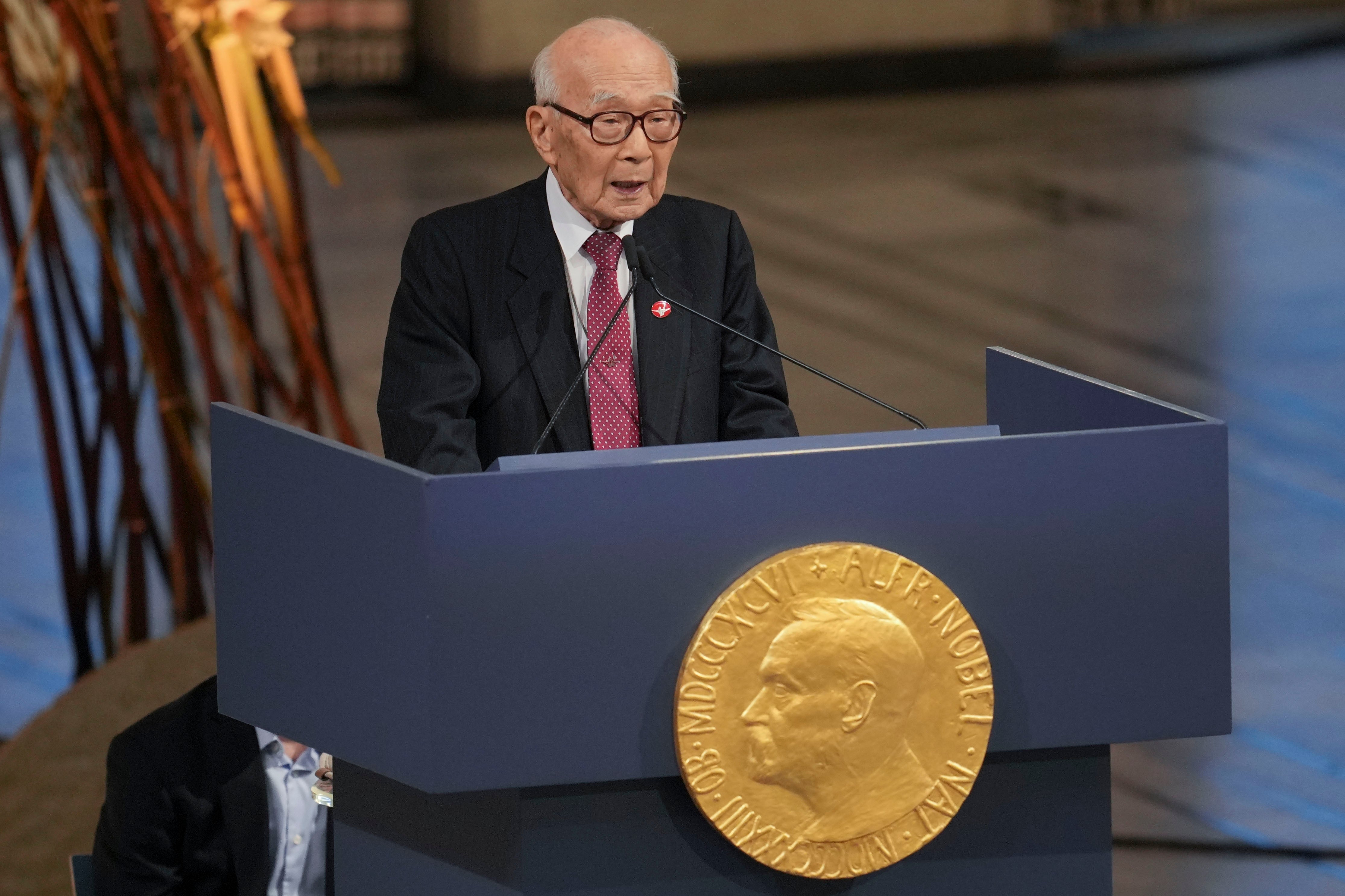 <p>Terumi Tanaka, a representative of this year’s Nobel Peace Prize winner Nihon Hidankyo, or the Japan Confederation of A- and H-Bomb Sufferers Organizations, speaks during the Nobel Peace Prize ceremony at the City Hall in Oslo, Norway </p>