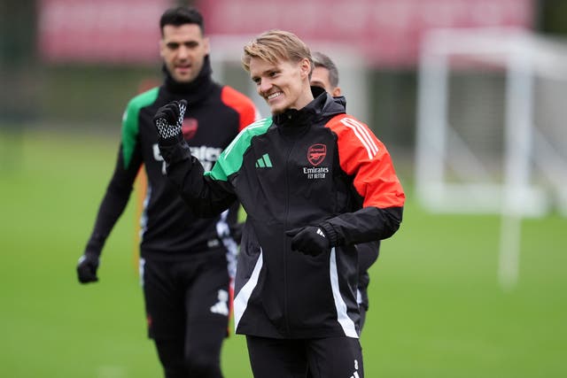 Arsenal’s Martin Odegaard trains ahead of the match against Monaco (Adam Davy/PA).