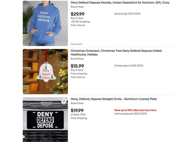 <p>A selection of items available on eBay bearing the phrase “deny, defend, depose.” The three words were reportedly written on the bullets a gunman used to kill UnitedHealthcare CEO Brian Thompson</p>