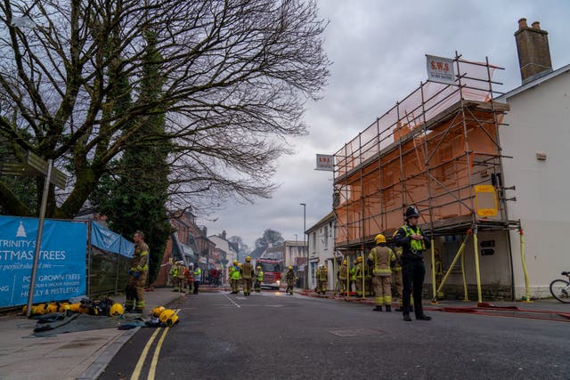 Handout photo dated 10/12/24 taken with permission from the Facebook page of Dorset and Wiltshire Fire Service (DWFRS), @DWFireRescue, showing firefighters tackling a fire in Dorchester at the site of the historic building where the Victorian novelist and poet Thomas Hardy worked as an apprentice architect (Dorset and Wiltshire Fre Service/PA)