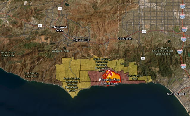 <p>Real time map shows the extent of Franklin fire in Malibu</p>