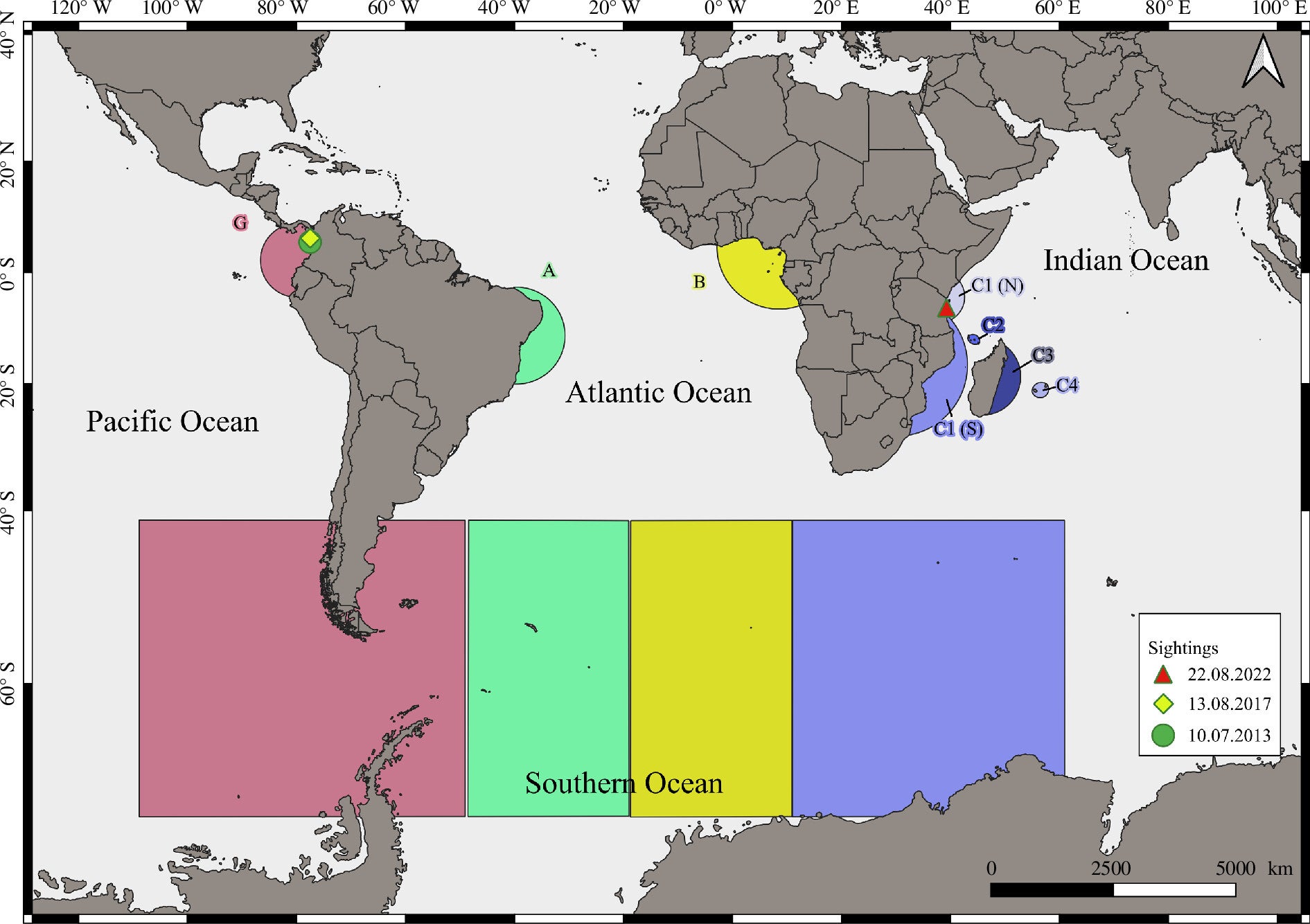 Sighting locations of the male humpback whale between the breeding grounds G and C