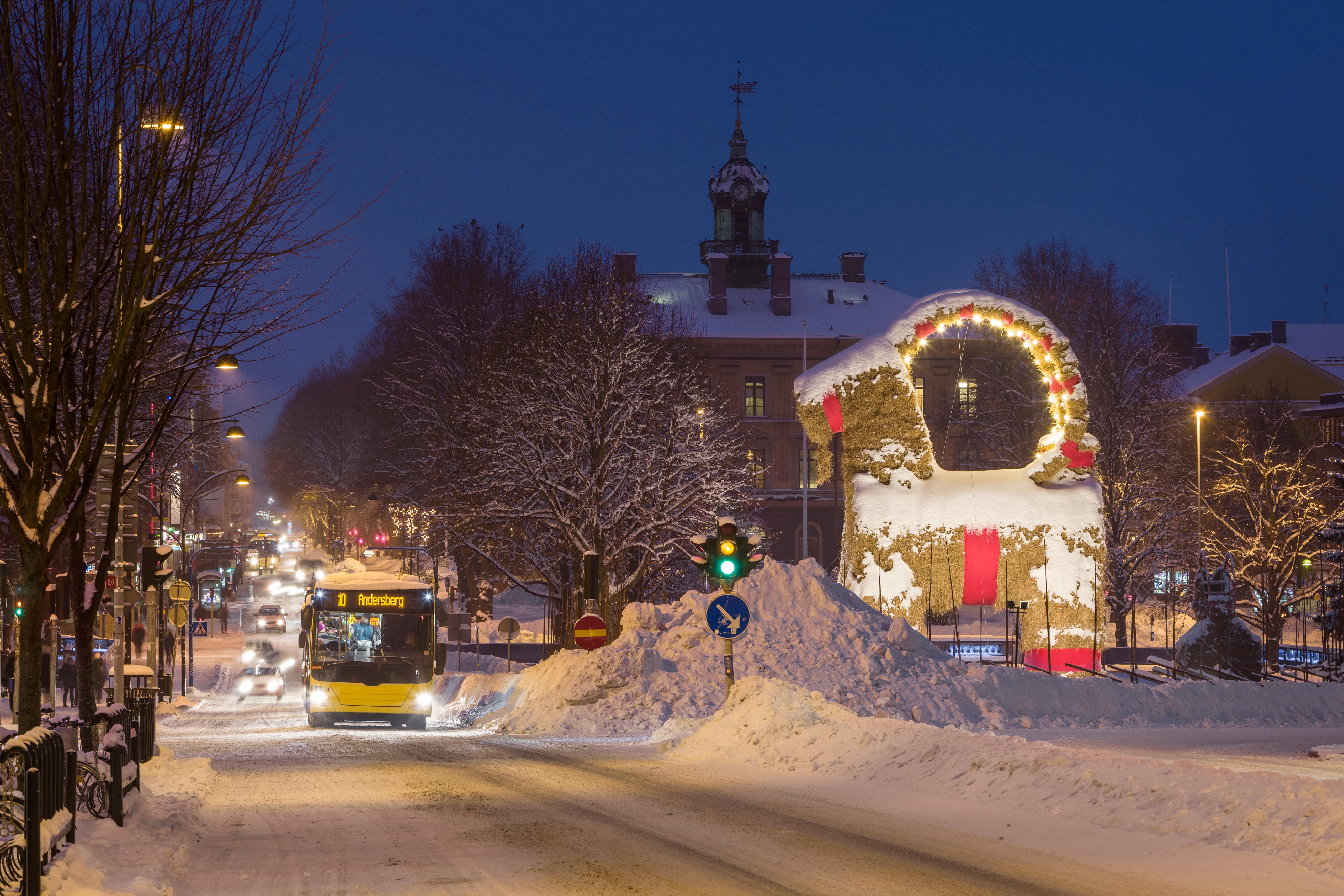 Christmas Yule Goat at night, Gavle (Alamy/PA)