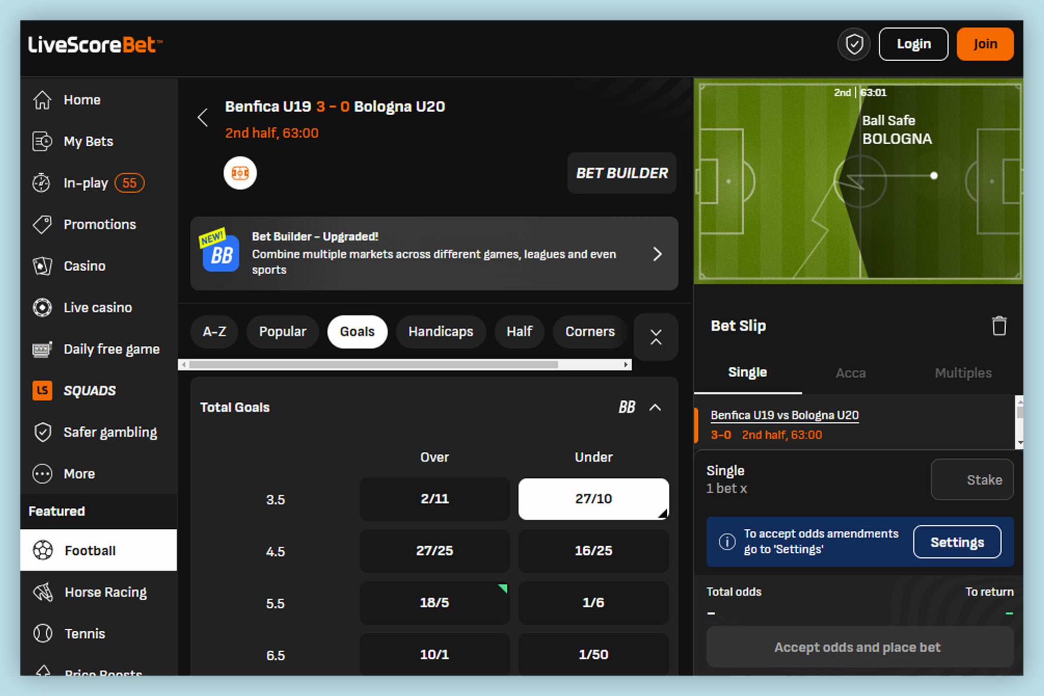 We found the LiveScore Bet in-play experience more comprehensive than other bookies