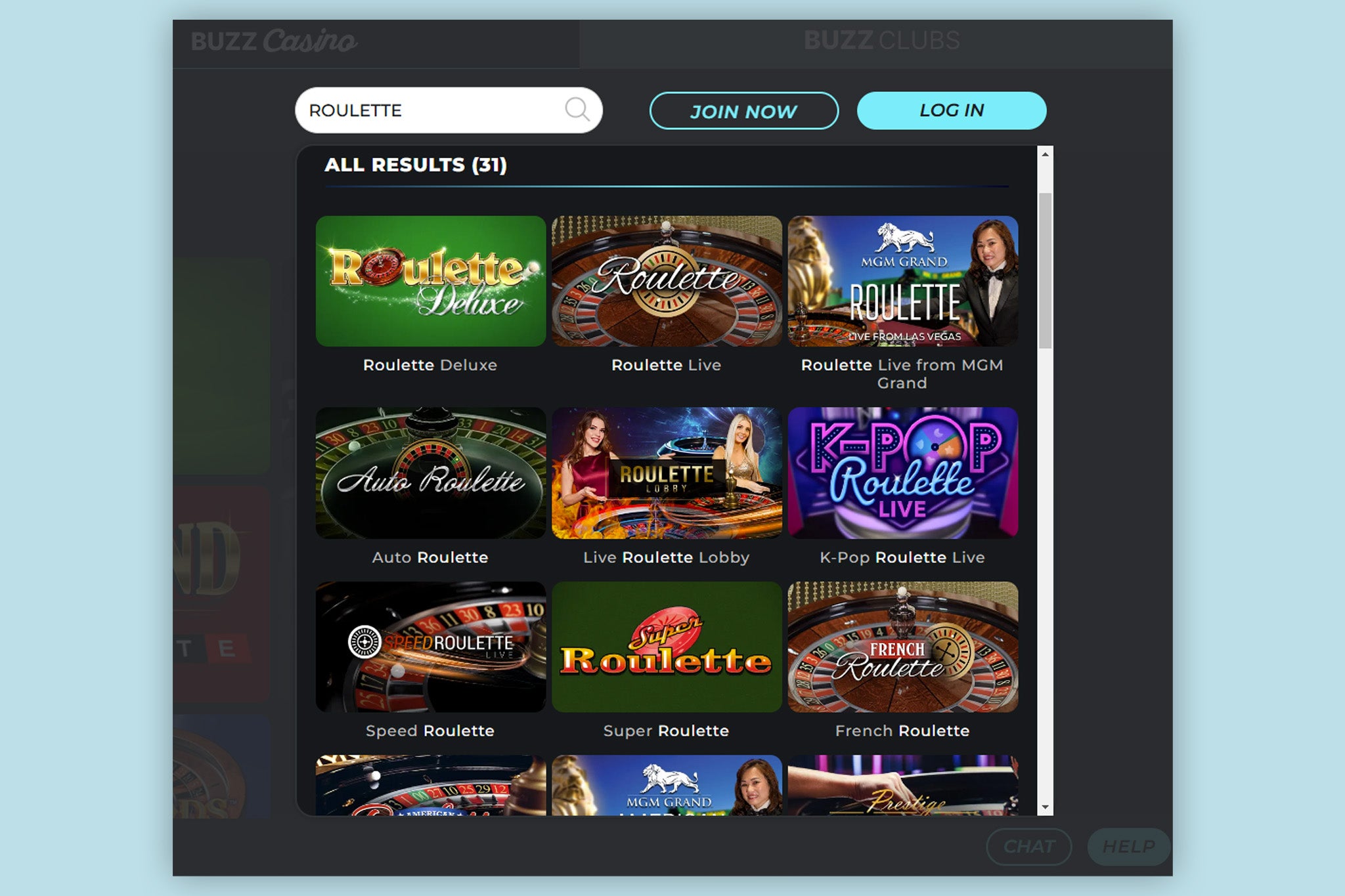 We found 31 different roulette variations on Buzz Casino