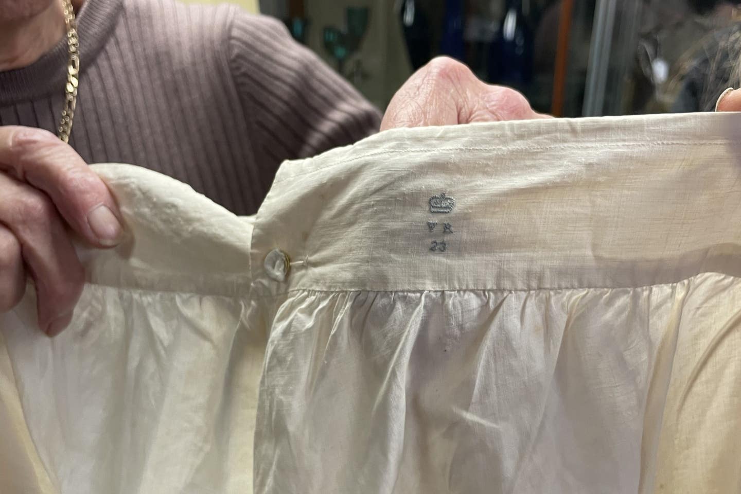 A pair of Bloomers, bearing Queen Victoria’s crest, being offered for sale in Derbyshire (Phil Barnett/PA)