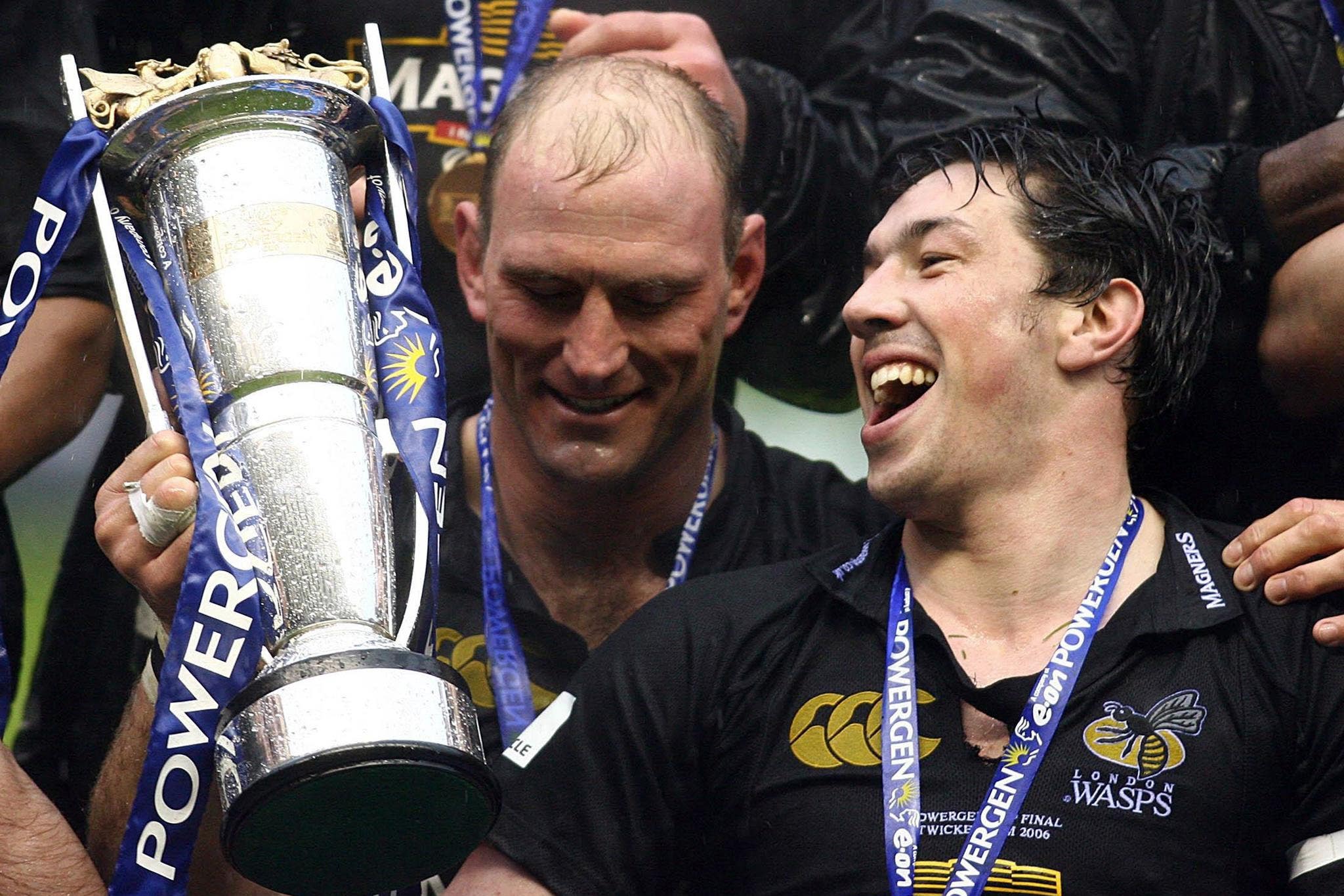 Then-Wasps captain Lawrence Dallaglio with Tom Voyce celebrating winning the Powergen Cup Final at Twickenham in 2006 (PA)