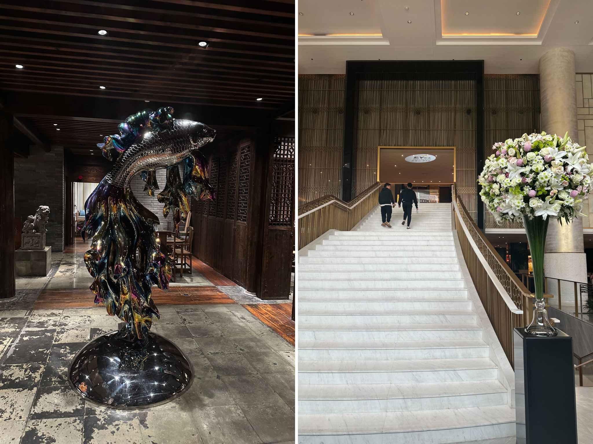 Symbolic artwork and the grand lobby of the hotel